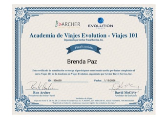 Certificado de agente de viajes emitido por Archer Travel y Evolution Travel